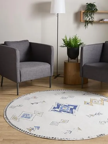 Interiyou Vintage Teppich Wohnzimmer Gent - 120x120 cm Rund Beige/Multicolor - Für Schlafzimmer, Esszimmer, Kinderzimmer - Kurzflor waschbar und rutschfest, Print Muster