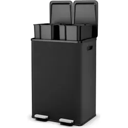 COSTWAY Mülleimer 2 Fächer 60L - Schwarz - Praktischer 2-Fächer Mülleimer mit 60L Gesamtvolumen für einfache Mülltrennung. Geräuschlos schließende Deckel und versiegelte Behälter verhindern unangenehme Gerüche, während die herausnehmbaren Einlagen einen mühelosen Austausch der Müllsäcke ermöglichen.