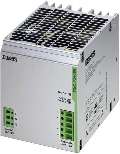 Phoenix Contact TRIO-PS/1AC/48DC/10 Hutschienen-Netzteil - Systemstromversorgung mit 48 V/DC und 10A, hohe Effizienz und kompakte Bauform, ideal für internationale Anwendungen dank Weitbereichseingang.