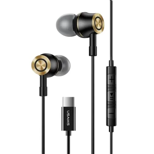 USAMS Type C Kopfhörer Noise Cancelling Ohrhörer in Ear kopfhörer für OnePlus Nord 8T, Samsung S21/ S20 FE/Note 20 Ultra/ S20, Huawei P30Pro/P40Pro, Google Pixel 3XL/4 XL/5 (Schwarz)