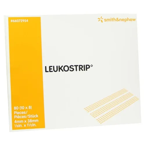 Leukostrip 4x38Mm Einzelbtl. 80 ST - Arzneimittel für schmerzarmen Wundverschluss, mit programmierter Rückstellkraft und hautfreundlichem Kleber für kosmetisch unauffällige Ergebnisse.