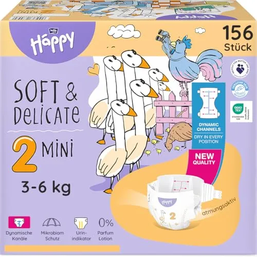 bella baby Happy Premium Windeln Größe 2 Mini 3-6 kg 156 Stück, DERMATEST & OEKO TEX Siegel, Babywindeln Einweg
