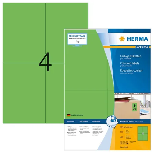 HERMA Etiketten 4399 grün 105,0 x 148,0 mm - Vielzweck-Etiketten, signalstarke grüne Farbe für hohe Sichtbarkeit, ideal für Organisation und Beschriftung.