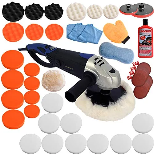 Poliermaschine Schleifmaschine 1600 Watt Set mit 180° Drehgriff Drehzahlregler Polierer mit digitalen Display mit zwei Griffen (Set 5)