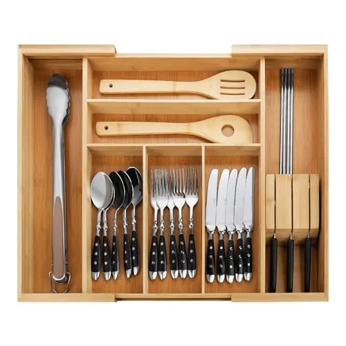 GRÄWE Schubladeneinsatz aus Bambus, Besteckkasten für Küchen-Schubladen, Holzoptik, 5-7 Fächer, variabel ausziehbar