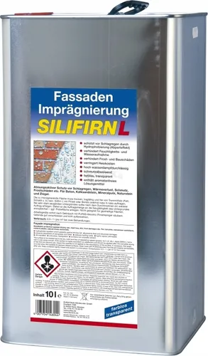 Pufas Fassaden-Imprägnierung Silifirn L 10 - Lacke - 10 Liter Siloxan-Fassadenimprägnierung mit Abperleffekt, schützt vor Frostschäden und senkt Heizkosten durch reduzierte Wasseraufnahme.