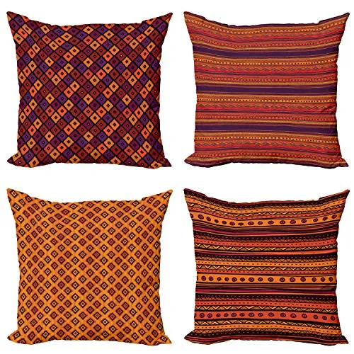 ABAKUHAUS Ethnisch Dekokissen Kissenbezug 4 er Pack, Tribal Folk Stripes Forms, Modern Accent Doppelseitiger Digitaldruck, 40 x 40 cm, Pflaume Orange