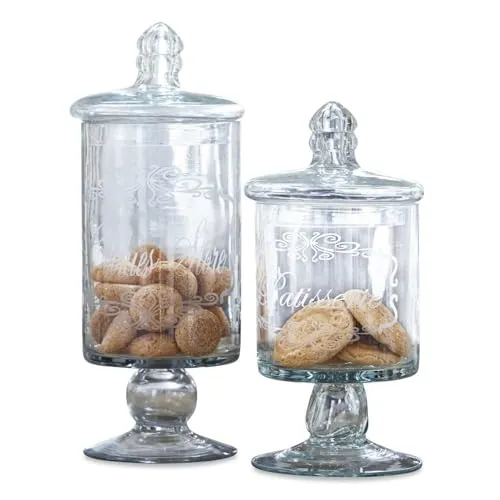 LOBERON Dose Suzie 2er Set | Deko Vorratsdosen Mit Deckel & Gravur | Für Süßigkeiten & Lebensmittel | Mundgeblasenes Glas | 2 Dosen | 27 & 23 cm, klar