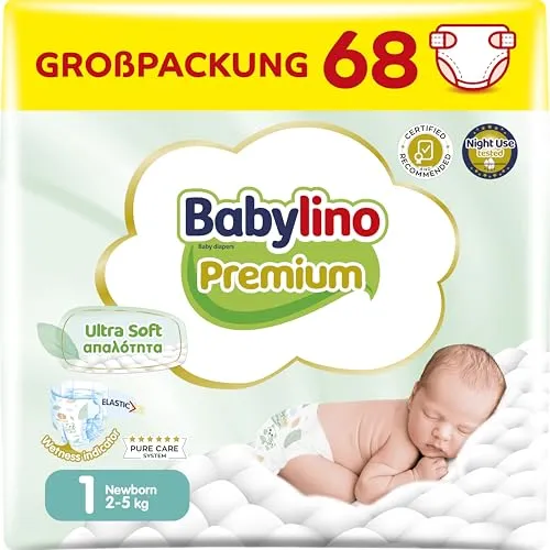 Babylino Premium, Windeln für Neugeborene, Größe 1, mit Ultra-Soft-Filter, Newborn (2-5 kg), 68 Stück