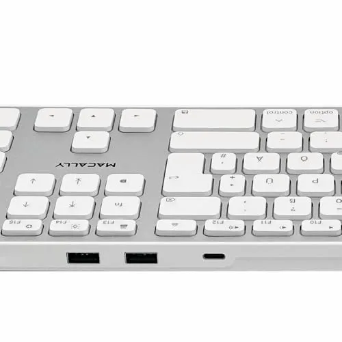Dr. Bott Macally UCZKEYHUBW Flache erweiterte Mac-Tastatur, 22mm dünn, USB-C Hub mit 2X USB-A und 1x USB-C, 16 Hotkeys, Numerisches Tastenfeld, 90cm Kabel, Silber Weiss, deutsches QWERTZ Layout