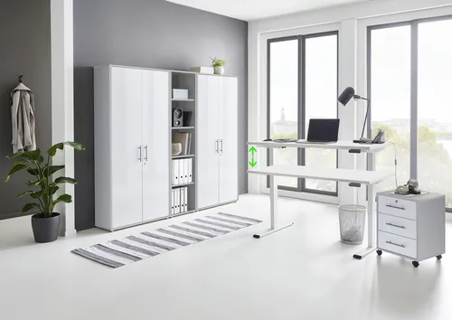 Büromöbel Set mit elektrisch höhenverstellbarem Schreibtisch - Komplettprogramm für Arbeitszimmer, inklusive abschließbarem Rollcontainer und hochwertiger Tastatur mit Memoryfunktion für ergonomisches Arbeiten.
