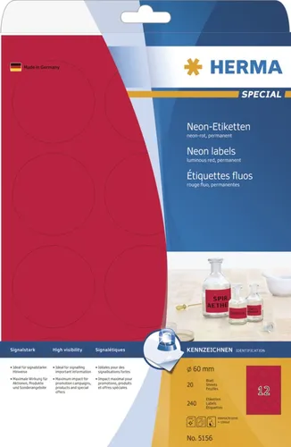 Herma 5156 neon-rot rund Universal-Etiketten 6.0x6.0 cm (20 Blatt (240 Etiketten))