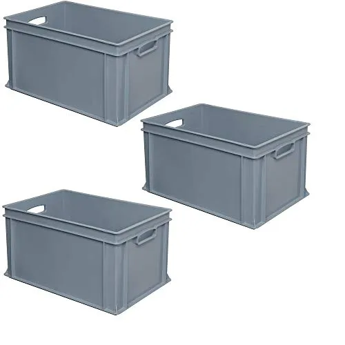 BRB 3x Eurobehälter mit 2 Durchfassgriffen, LxBxH 600x400x320 mm, 63 Liter, grau