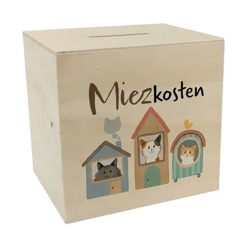 Katzen Spardose aus Holz mit Spruch Miezkosten Für Katzenmensch Sparen leichtgemacht im Miezhaus Glückskatze Design Ideal für Haustierfans Mieten miete