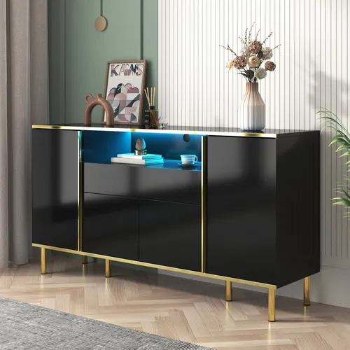REDOM Sideboard Kommode mit goldenen Akzenten & LED-Beleuchtung (1 St., Schwarz, 150×80×40 cm, goldene Kanten), elegante Hochglanz-Oberfläche, luxuriöse Optik