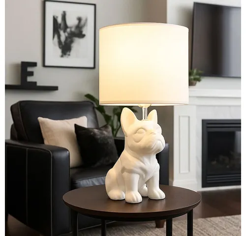 GLOBO LIGHTING LED Tischleuchte, Leuchtmittel inklusive, Warmweiß, Tischlampe Tischleuchte LED Keramik Hund Textil Leselampe weiß H 40 cm