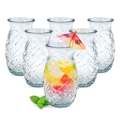 Cocktail Glas im Ananas Design 400 ml - 6er Set - Party Trinkglas klar mit Relief - Longdrink Partygläser Pineapple Tiki Cocktailbecher Wasser Saft Trink Glas spülmaschinengeeignet wiederverwendbar