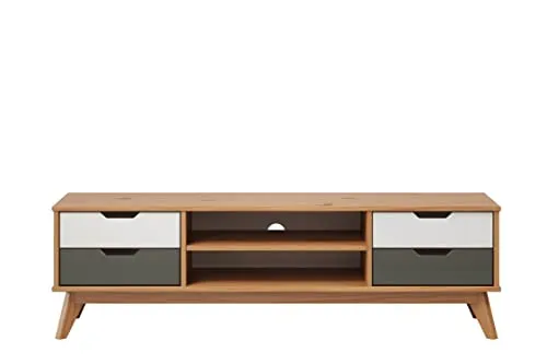 INTER-FURN Lowboard Scandik - TV-Halterungen, skandinavisches Design aus massiver Kiefer, bietet 4 Schubladen und 2 offene Fächer für optimalen Stauraum und pflegeleichte Oberflächen.