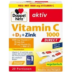 Doppelherz Vitamin C 1000 + D3 + Zink DIRECT - Arzneimittel zur Unterstützung des Immunsystems, hochdosiert mit 1000 mg Vitamin C, 20 μg Vitamin D3 und 10 mg Zink, fruchtiger Geschmack nach Blutorange, zuckerfrei und für Vegetarier geeignet.