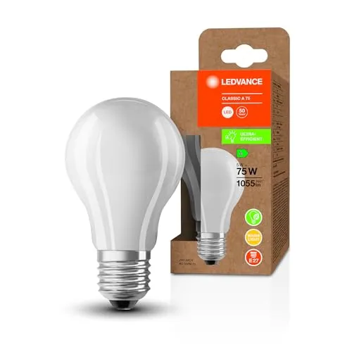 LEDVANCE LED Stromsparlampe, Matte Birne mit E27 Sockel, Warmweiß (3000K), 5 Watt, ersetzt herkömmliche 75W-Leuchtmittel, besonders hohe Energieeffizienz und stromsparend, 1er-Pack