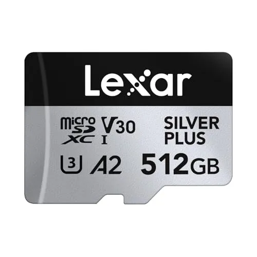 Lexar Silver Plus Micro SD Karte 512GB, Bis zu 205 MB/s Lesegeschwindigkeit, 150MB/s Schreibgeschwindigkeit, Speicherkarte Micro SD mit SD Adapter, UHS-I, A2, U3, V30, Klasse 10, 4K UHD microSDXC