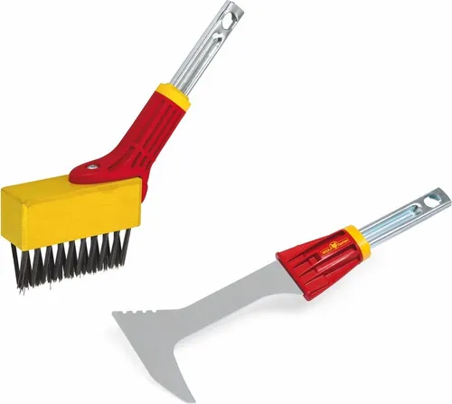 WOLF-Garten Fugenkratzer Set mit Holz-Stiel, 3-tlg - Fugenkratzer für rückenschonendes Entfernen von Unkraut, Moos und Gras in Fugen. Austauschbarer Bürstenkopf, 140 cm Holzstiel, Made in Germany – Qualität, die überzeugt!