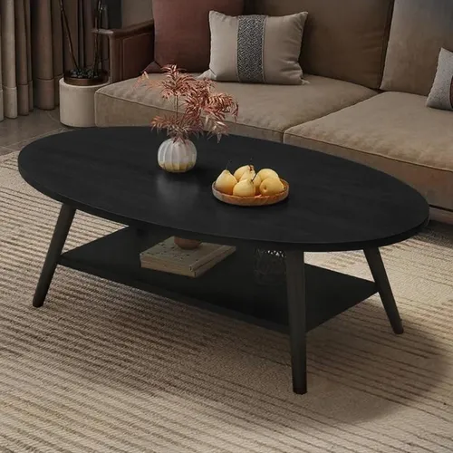 Runder Beistelltisch 2-Tier Couchtisch mit Stauraum aus Massivholz und Metallrahmen in Schwarz