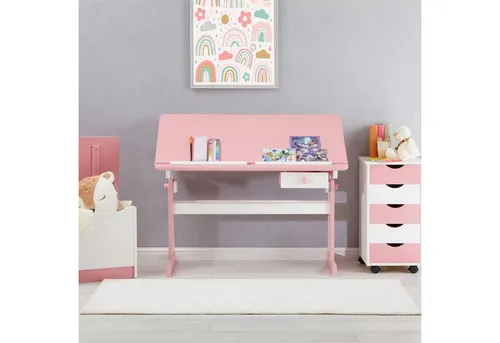 IDIMEX Kinderschreibtisch FLEXI - Höhenverstellbarer Kinderschreibtisch aus massivem Kiefer in Weiß/Rosa, ideal für Schüler und fördert eine ergonomische Sitzhaltung.
