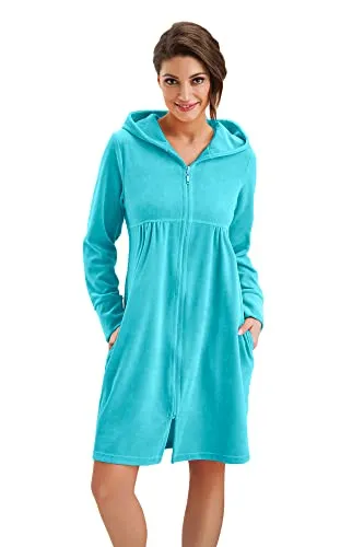 LEVERIE modischer Damen-Bademantel/Morgenmantel/Saunamantel mit gemütlicher Kapuze (XL, Variante 2 türkis)