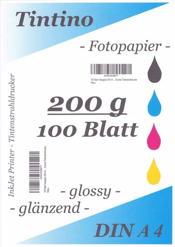 TINTINO Fotopapier 100 Blatt DIN A4 (ca. 210-297mm) 200g/m² glossy/glänzend