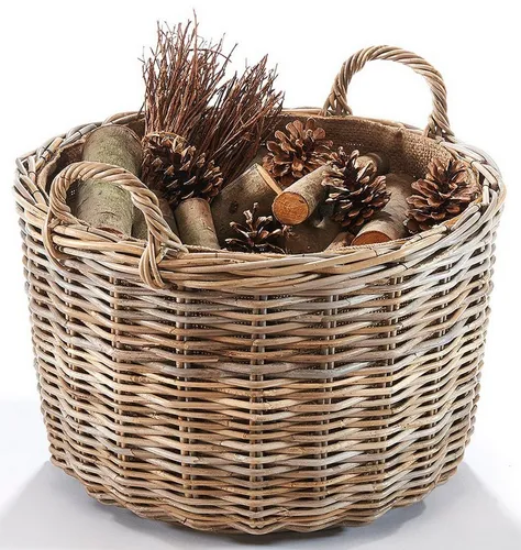Kobolo Kaminholzkorb aus grauem Rattan - Kaminholzkörbe aus robustem Rattan mit abnehmbarem Leinenstoff, ideal für stylische Kaminzubehör und langlebige Nutzung.