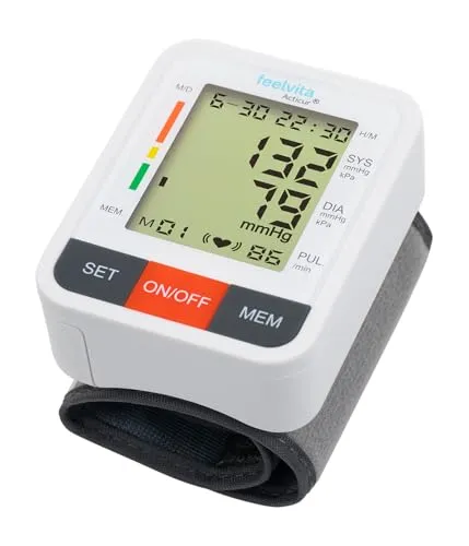 Genius Feelvita Acticur Blutdruckmessgerät Handgelenk – Vollautomatisch & Präzise - Das vollautomatische Blutdruckmessgerät für das Handgelenk bietet einfache Ein-Knopf-Bedienung und ein großes LCD-Display. Mit 90 Speicherplätzen und integrierter Herzrhythmus-Analyse haben Sie Ihre Werte stets im Blick.