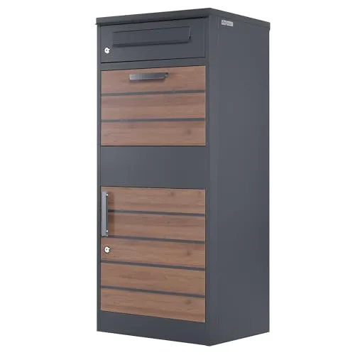 Zelsius Paketbriefkasten RAL7016 Anthrazit - WANDBRIEFKÄSTEN | Robuster Paketbriefkasten aus verzinktem Stahl mit Holzoptik für sichere Zustellung von Post und Paketen, inklusive Rückholsperre und einfache Montage.