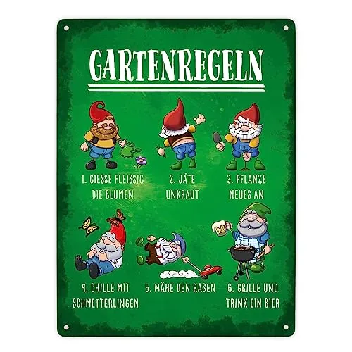 Gartenregeln Metallschild XXL in 28x38 cm mit lustigen Gartenzwergen als schöne Gartendekoration für Terrasse und Garten um deinen Gästen ein Lächeln ins Gesicht zu zaubern grüner