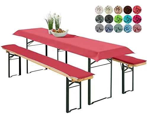 heimtexland ® Bierzeltgarnitur Auflagen Set 3-teilig - Praktisches Set für Bierzeltgarnitur in Rot, ideal für Tischmaß 50 x 220 cm. Strapazierfähige und pflegeleichte Materialien, bequem gepolstert mit Gummizug. Perfekt für Feste und Feiern!