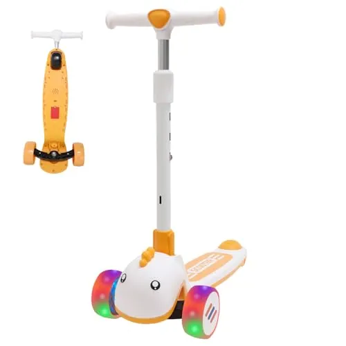 Habib Gruppe Kinderroller Tretroller - 3-Rad LED Roller, Höhenverstellbar & Faltbar, Tierdesign, Mädchen & Jungen (3-8 Jahre) - Orange