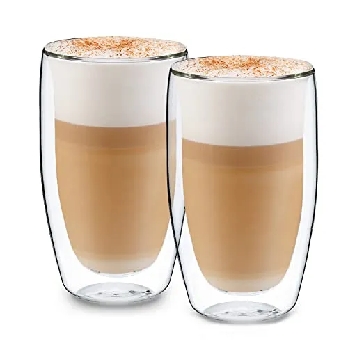 GLASWERK Doppelwandiges Latte Macchiato Design Glas (2 x 430 ml) - Cappuccinotassen aus hitzebeständigem Borosilikatglas, das deine Hände schützt und die Temperatur deiner Getränke länger hält. Ideal für heiße und kalte Getränke!