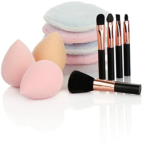 com-four® 12-teiliges Schminkset - Kosmetik-Pinsel - Make-Up Schwämme in Ei-Form - Gesichtsreinigungspads - ideal für Pulver, Creme und Flüssigkeit [Auswahl variiert] (12-teilig - Schminkset)
