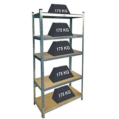 Schwerlastregal Kellerregal Lagerregal Steckregal Metallregal Schwerlastregal Steckregal Werkstattregal Werkbank Keller bis 875 kg Traglast, 5 soliden Böden MDF Höhenverstellbar, 180x90x40cm, Verzinkt