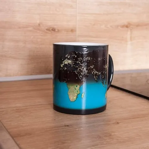 Mad Monkey Tasse mit Weltkarte - Farbwechsel Tasse Tag und Nacht, Schwarz, Blau