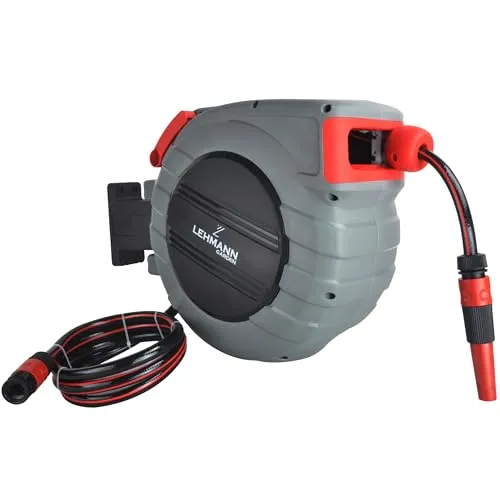 LEHMANN Wand-Schlauchbox 15 m + 1,5 m, Schlauchtrommel für Gartenbewässerung, Automatischer Schlauchaufroller, Wandmontage, inkl. 15 m Gartenschlauch, 1/2