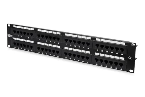 DIGITUS 19-Zoll Patchpanel Cat-6 - 48-Port RJ45 - Ethernet-Patchpanel, ungeschirmt mit 48 RJ45-Buchsen für Gigabit-Konnektivität, einfache Installation durch farbcodierte LSA-Leisten, ideal für professionelle Anwendungen in 19 Zoll Schrankmontage.