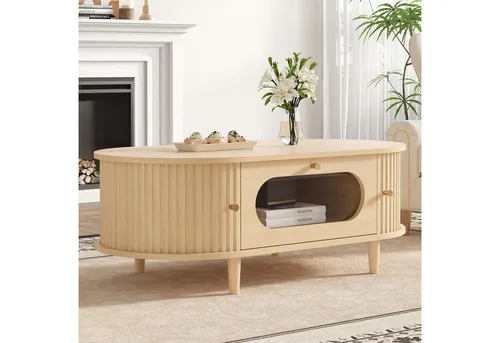 Merax Couchtisch in Holzoptik, Sofatisch Beistelltisch Kaffeetisch (1-St), Wohnzimmertisch mit Schublade, 2 Rolltüren & Stauraum, 100x50x36cm