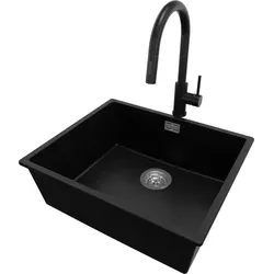 PRIMAGRAN Granitspüle Schwarz 56x47cm, Spülbecken 1 Becken + Küchenarmatur 40x20cm + Ablauf-Set, Küchenspüle ab 60er Unterschrank
