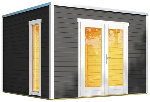 weka Gartenhaus Designhaus P285 - Modernes Blockbohlenhaus mit Panorama-Glastüren - Gartenhäuser - Ideal als Homeoffice oder Rückzugsort, mit großen Glasflächen und modernem Design für einen Blickfang in Ihrem Garten.