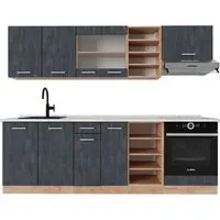 Vicco Küchenzeile R-Line, Schwarz Beton/Goldkraft Eiche, 240 cm mit Marmor Arbeitsplatte - Küchenzeile mit ergonomischen höhenverstellbaren Füßen und flexiblen Konfigurationsmöglichkeiten für individuelles Kochen und gemütliches Ambiente.