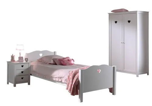 aufm Kessel Kamila Kinderzimmer Set - Weißes Möbel Set für Mädchen - Hochwertiges Kinderzimmer Set aus MDF in klassischer Rahmenoptik mit herzförmigen Details. Inklusive Einzelbett (90x200 cm), Nachtkonsole und Kleiderschrank – ideal für eine stilvolle Einrichtung.