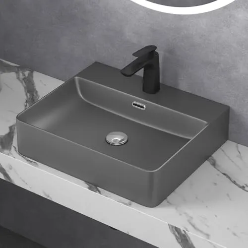 doporro Aufsatzwaschbecken Keramik 50x42 cm - Stylisches Aufsatzwaschbecken aus Keramik in Anthrazit matt, ideal für modernes Badezimmerdesign. Mit Armaturenloch, einfach zu montieren und pflegeleicht.