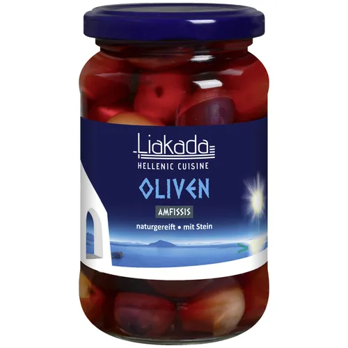 Liakada Schwarze Oliven Amfissis Extra groß mit Stein 200g Glas