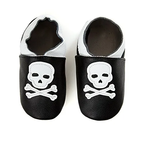 smileBaby Premium Leder Lauflernschuhe Krabbelschuhe Babyschuhe Schwarz Totenkopf 0 bis 6 Monate